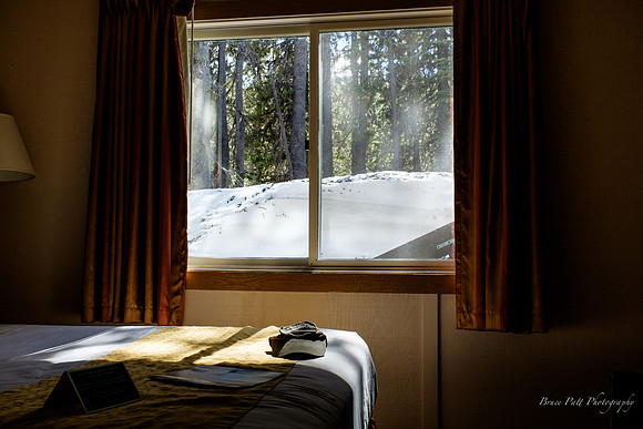 Snowpack height outside the window of a Mazama Village cabin, Crater Lake, Oregon.