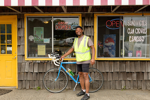 Lennie, long-distance bicyclist, at the Sourdough Bakery in Winchester Bay, Oregon